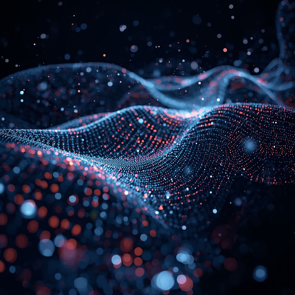 A futuristic visualization of machine learning algorithms processing streams of digital data represented as flowing particles and light patterns